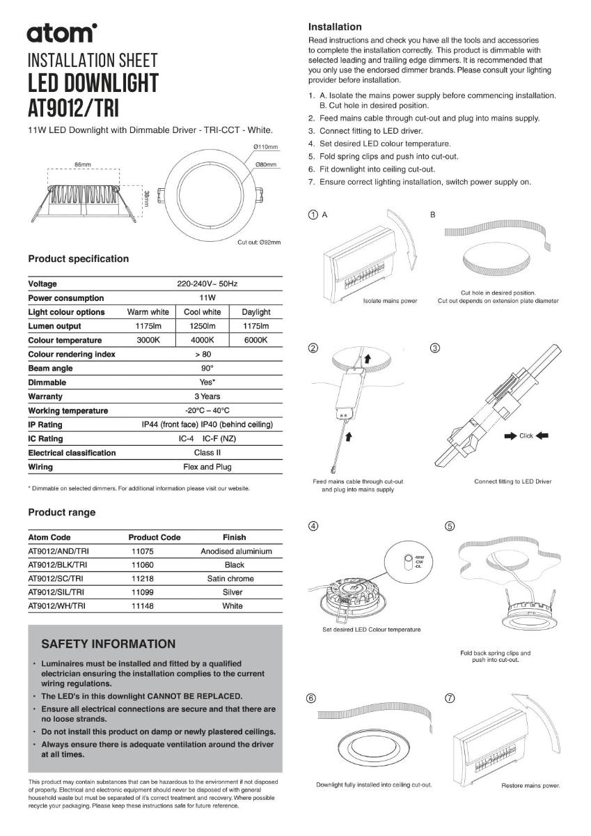 LED D/LIGHT 12W CCT 92MM C/O WHITE