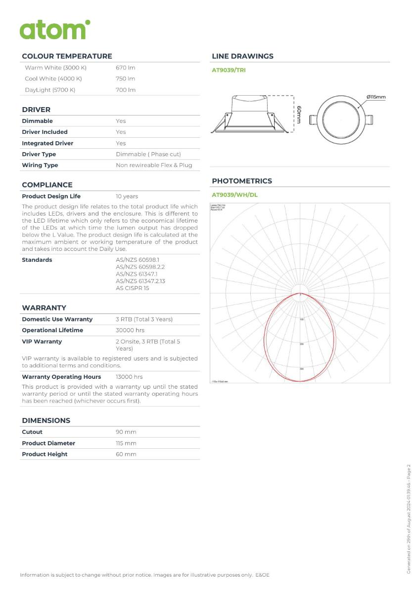 LED D/LIGHT 8W CCT 90MM C/O WHITE