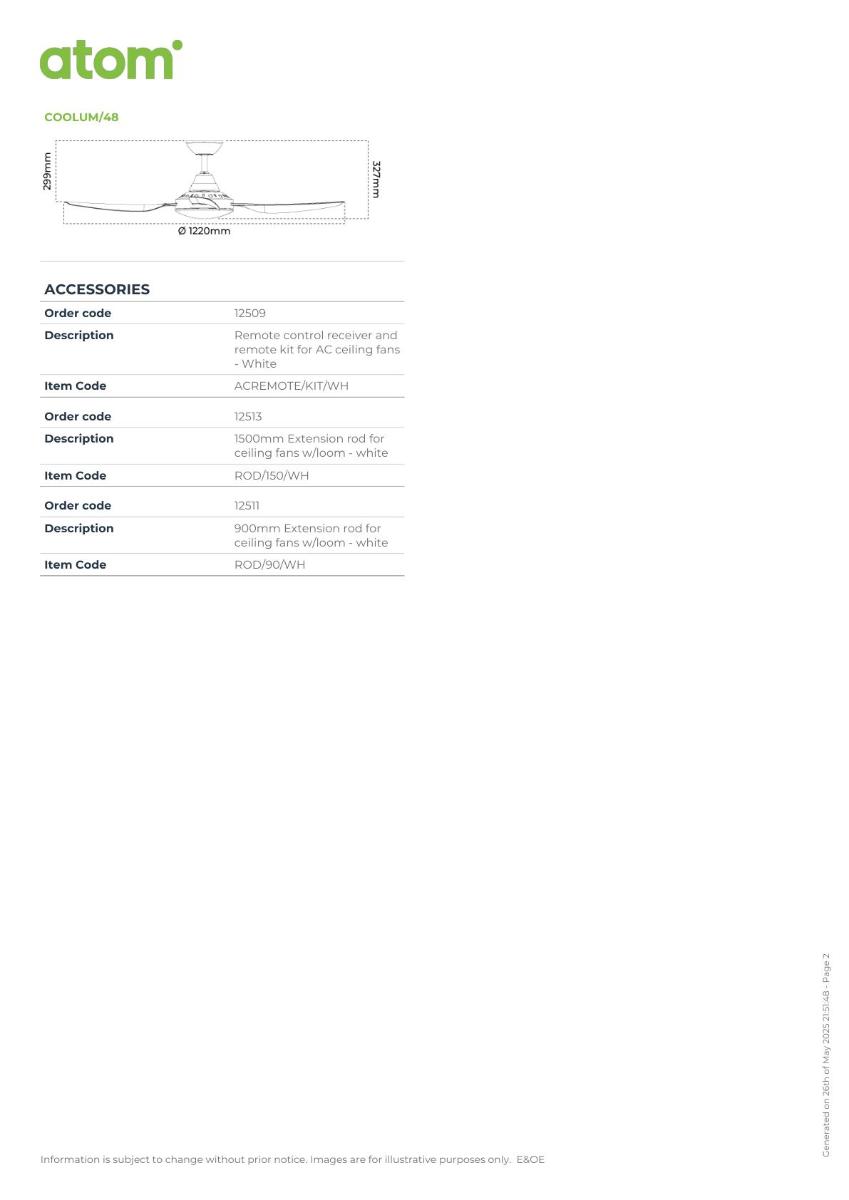 C/FAN COOLUM 48IN 1220MM 4BL 75W AC WHT