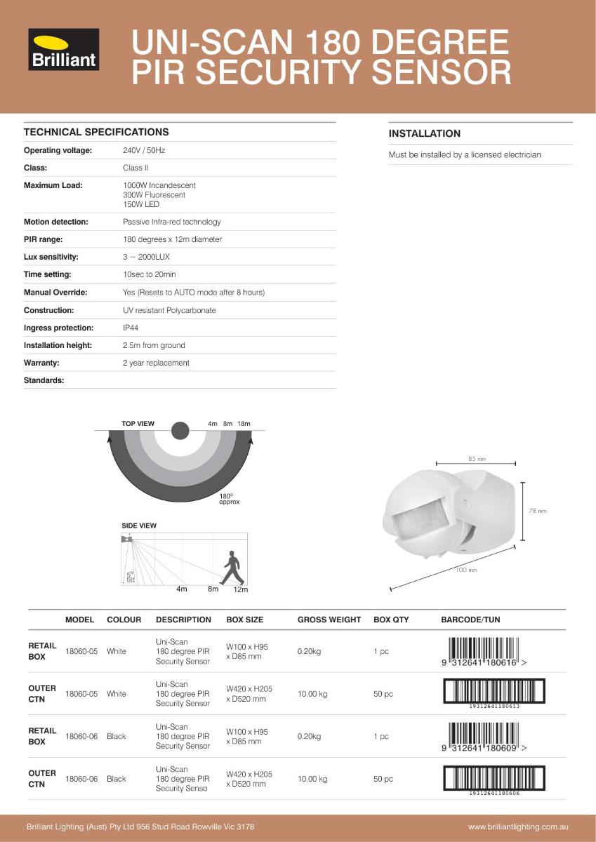 SENSOR PIR OUTDOOR 180D IP44 300W