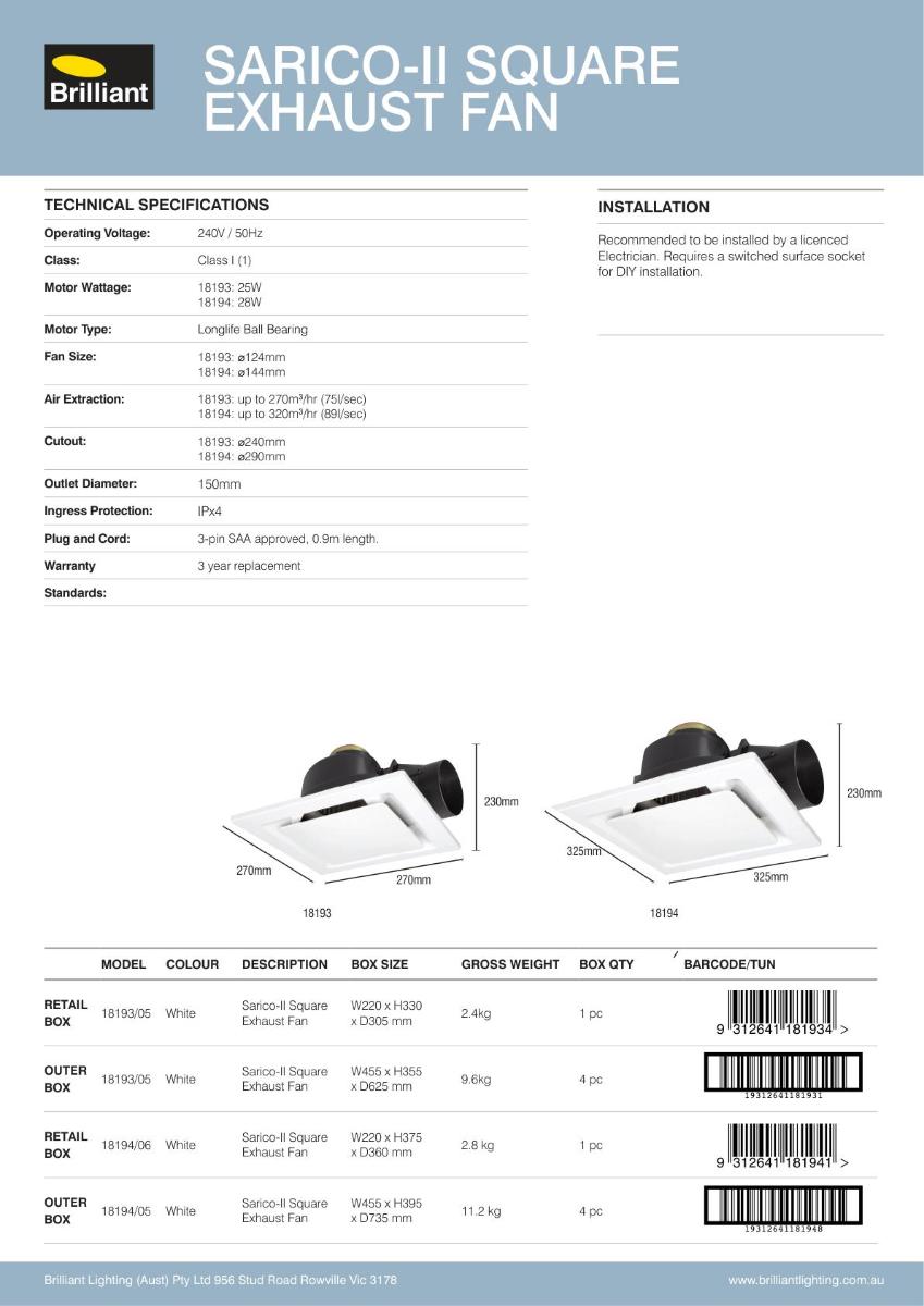 EXHAUST FAN SARICO 11 325MM SQUARE WHITE