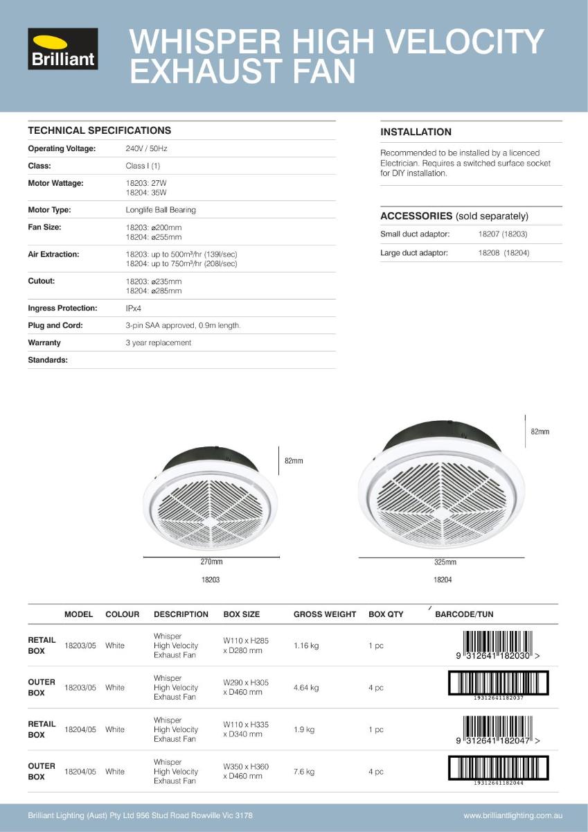 EXHAUST FAN WHISPER SMALL 240MM WHITE