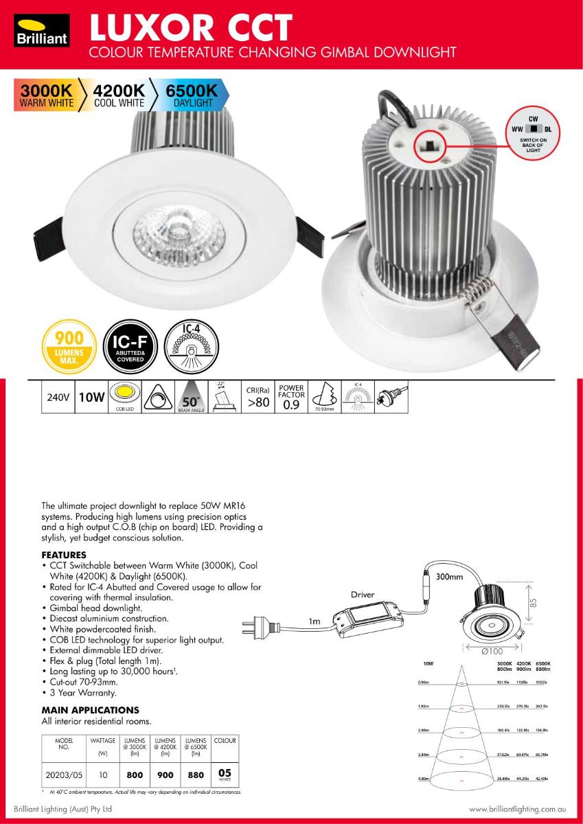 LED D/LIGHT LUXOR 10W CCT 70-93MM C/O WH