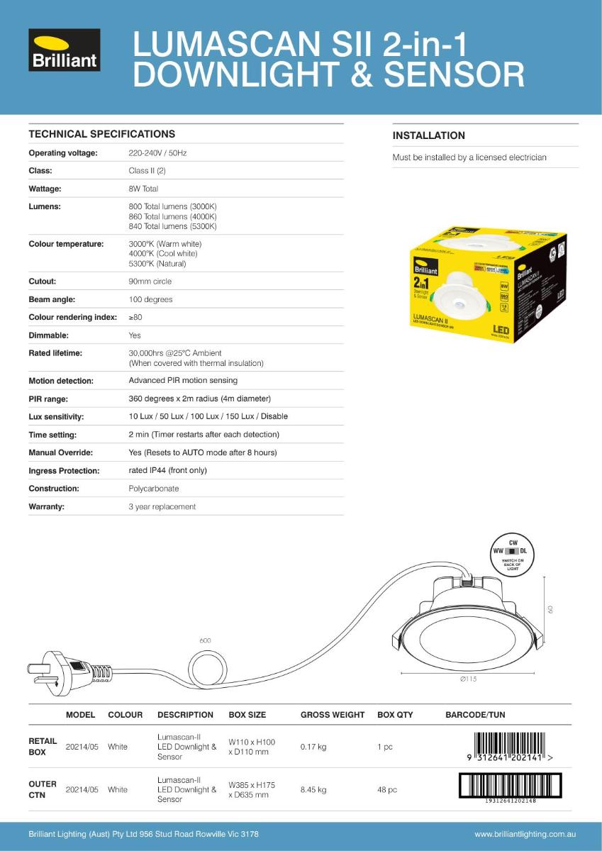 LED D/LIGHT + SENSOR 9W CCT 90MM C/O