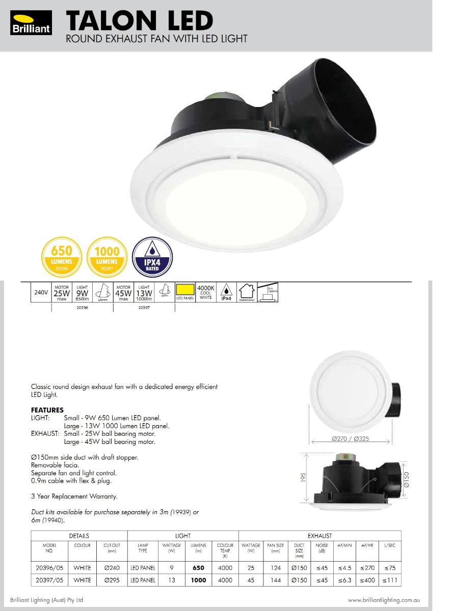 EXHAUST FAN TALON 325MM RND + LED LGT