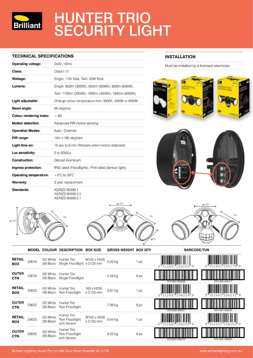 LED SENSOR LGT HUNTER TRIO TW 22W CCT WH