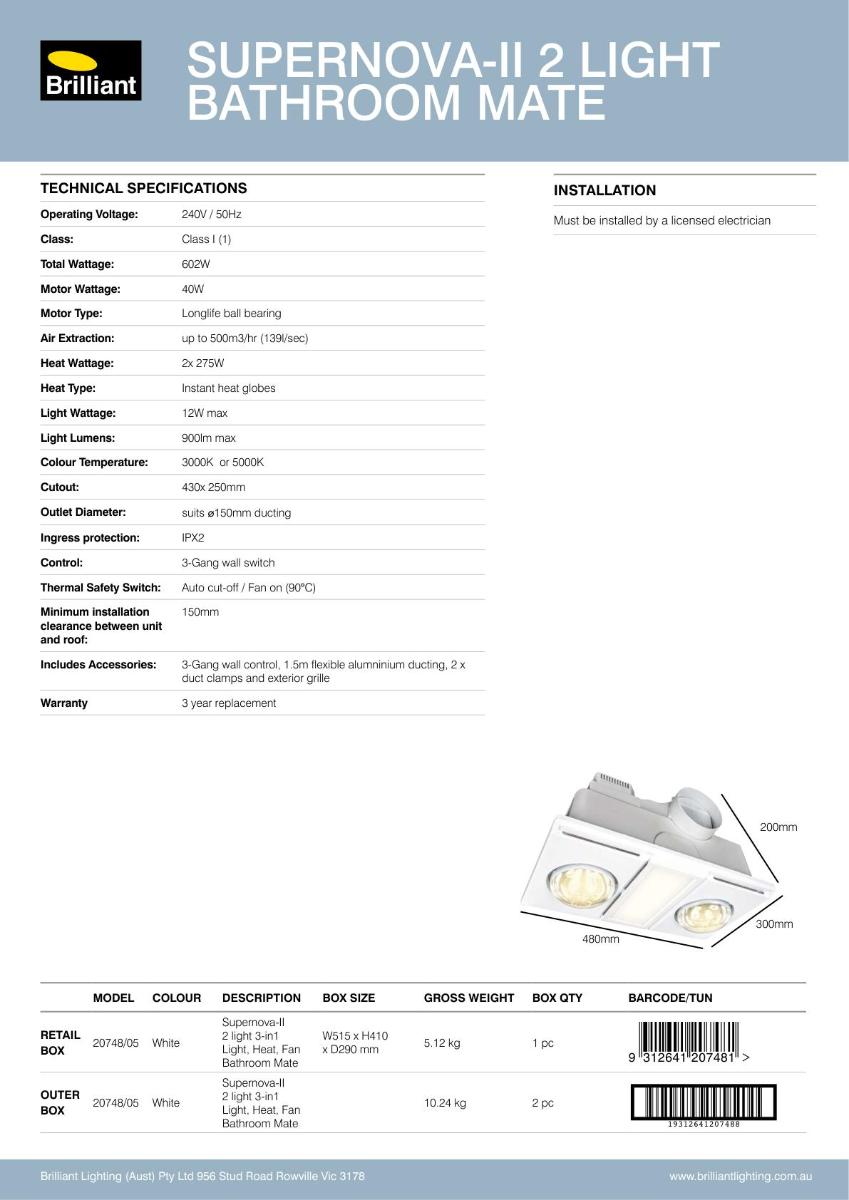 BATHROOM FAN LGT HEATER SUPERNOVA II 2LT