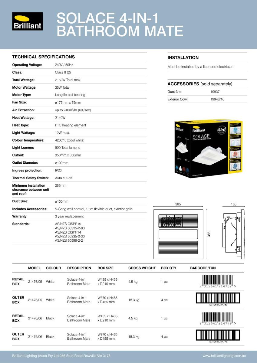 BATHROOM FAN LGT HEATER SOLACE 4 IN 1