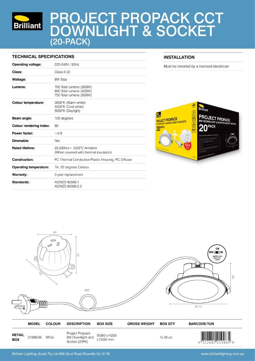 LED D/LIGHT PROJECT PACK 8W CCT + SOCKET