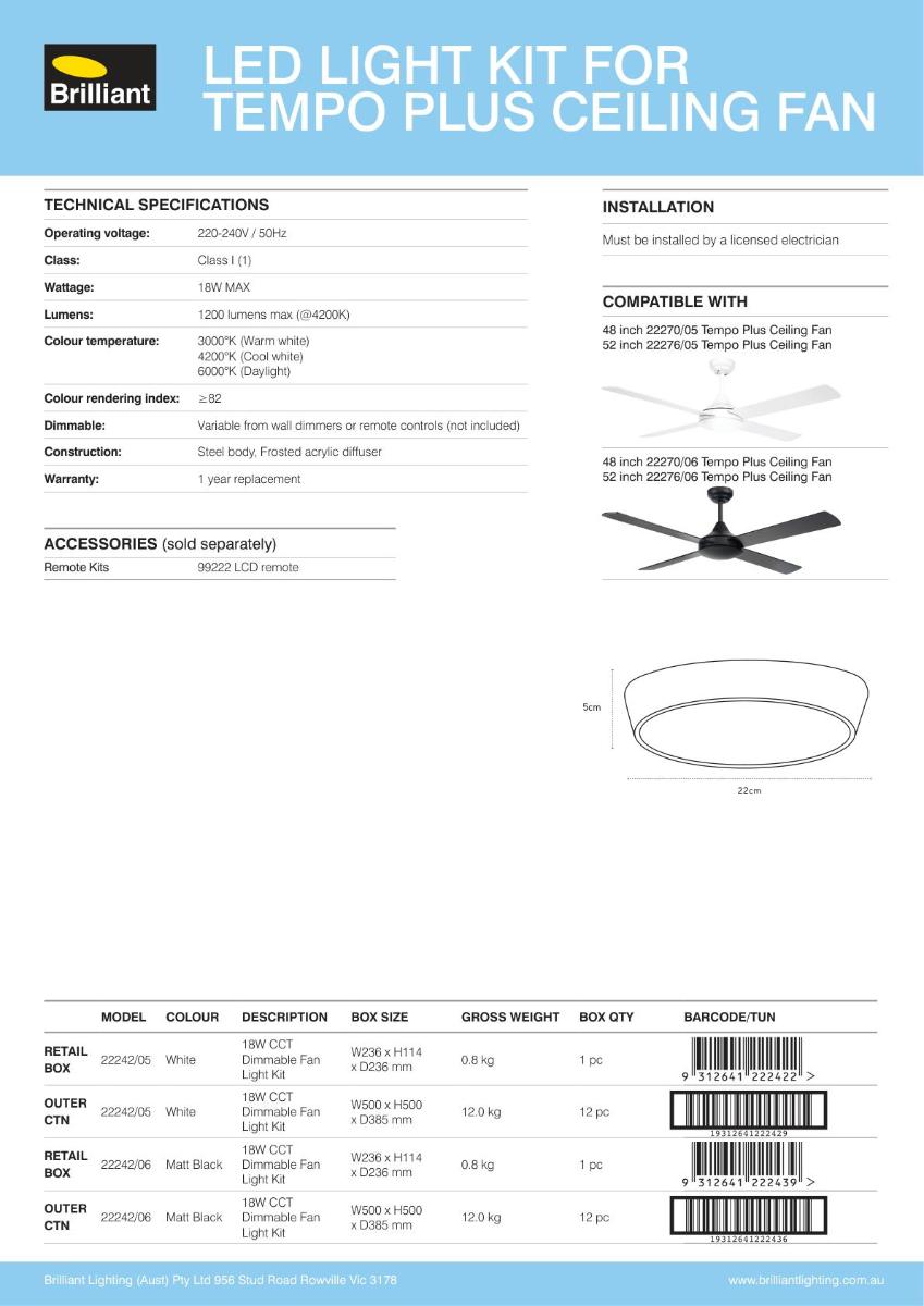 18W LED FAN LIGHT KIT CCT DIM WHT TEMPO+