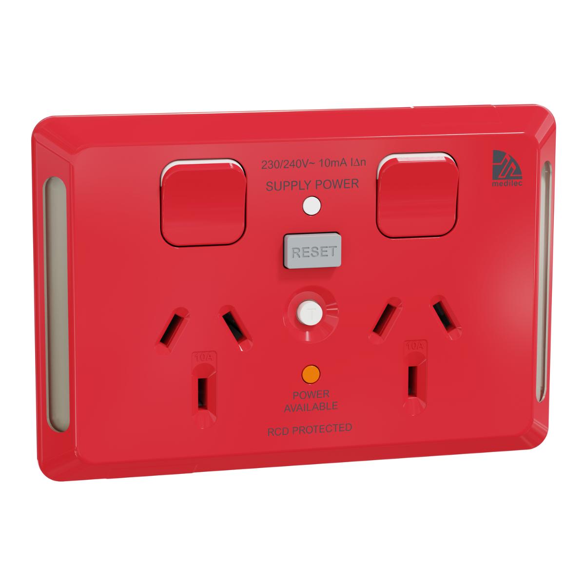 MEDILEC 20A RCD 10MA DBL GPO 10A HOR RED