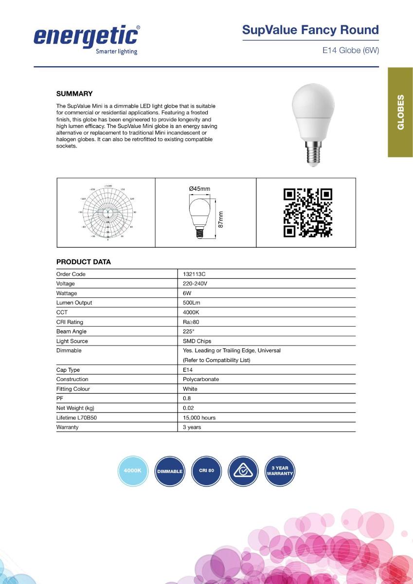 LED FANCY ROUND 6W SES E14 4000K DIMM