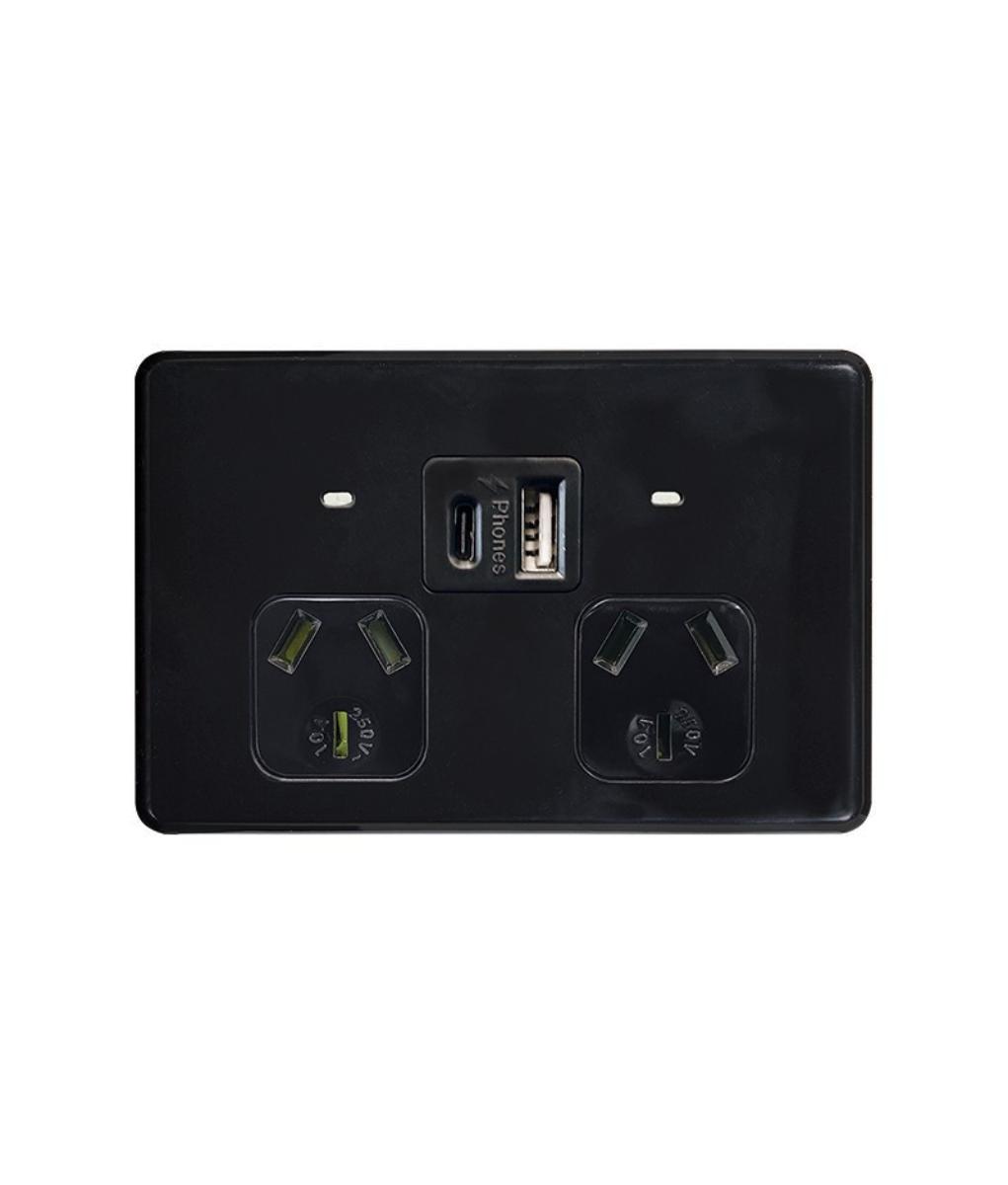 FLAT CAT AUTO DBL GPO + USB 10A MATT BLK