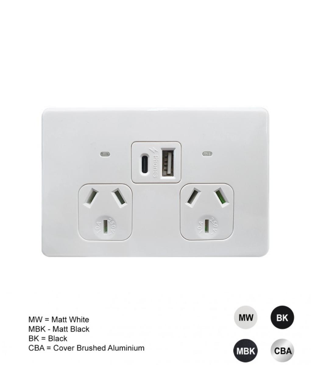 FLAT CAT AUTO DBL GPO + USB 10A MATT WHT