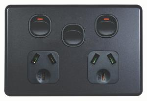 FLAT CAT DBL GPO + EXT SW 10A MATT BLACK FLAT CAT DBL GPO + EXT SW 10A MATT BLACK