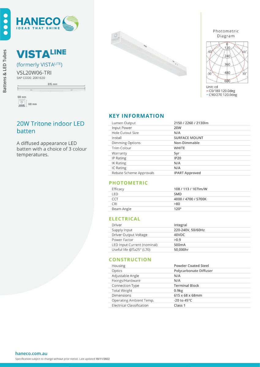 LED DIFF BATTEN VISTALITE 20W CCT 600MM