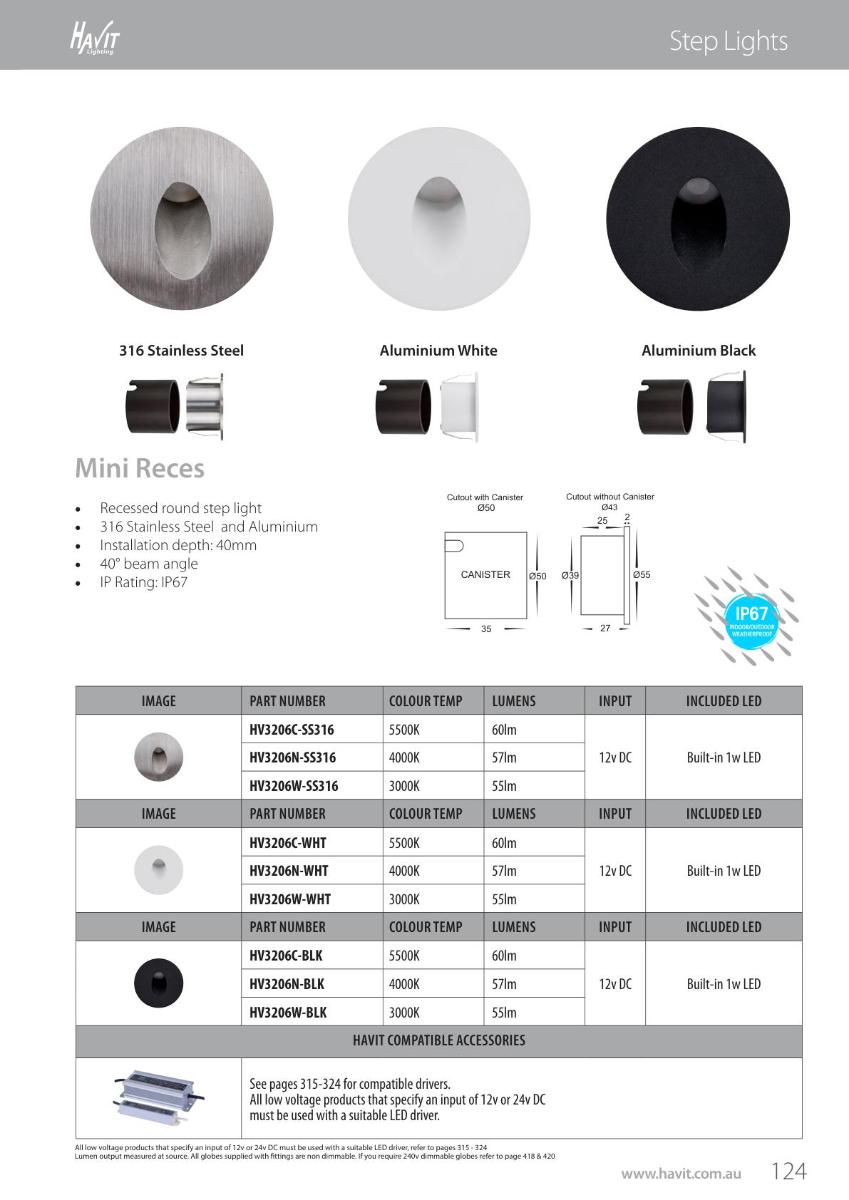LED STEP LIGHT RECES RND 12VDC 1W 3000K