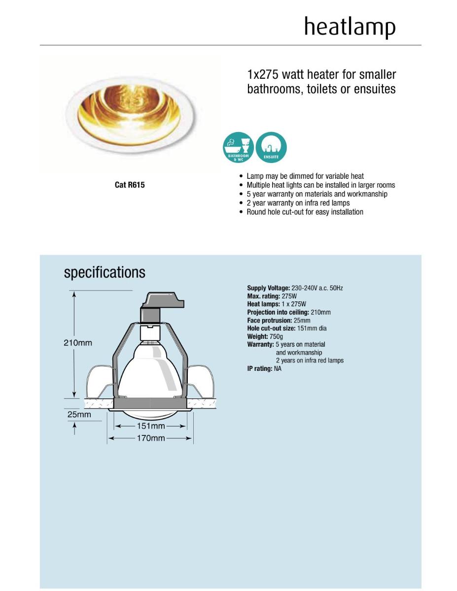 DOWNLIGHT HEAT LAMP BATHROOM 275W