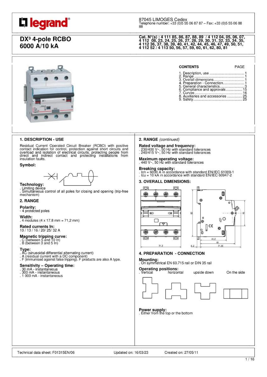 RCBO  DX3 4P 32A 30MA 6KA CL A 4 MODULE