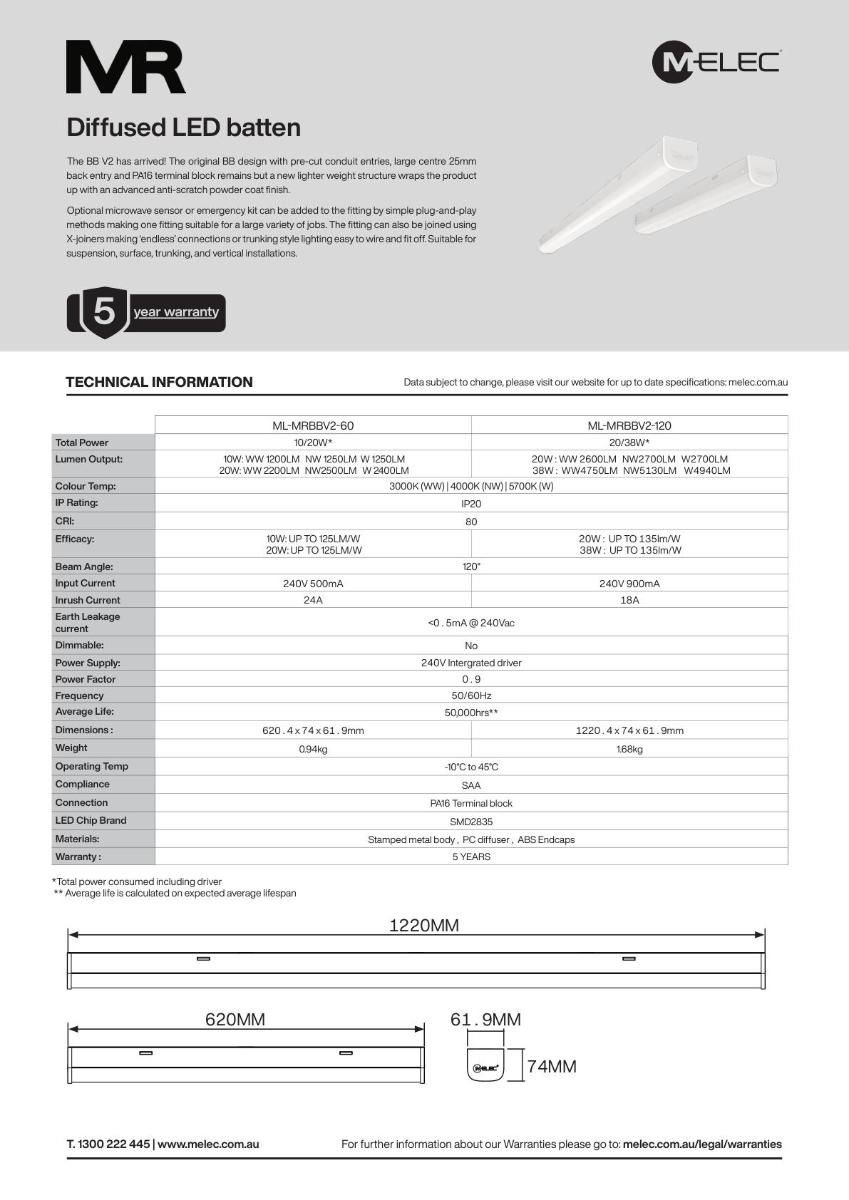 LED DIFF BATTEN MULTI 20/38W CCT 1200MM