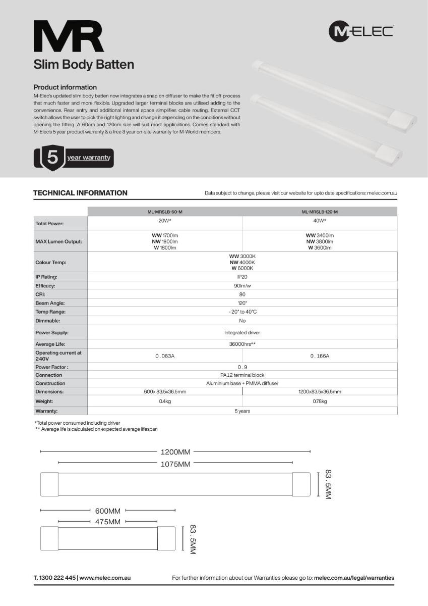 LED DIFF BATTEN MR SLIM 40W CCT 1200MM