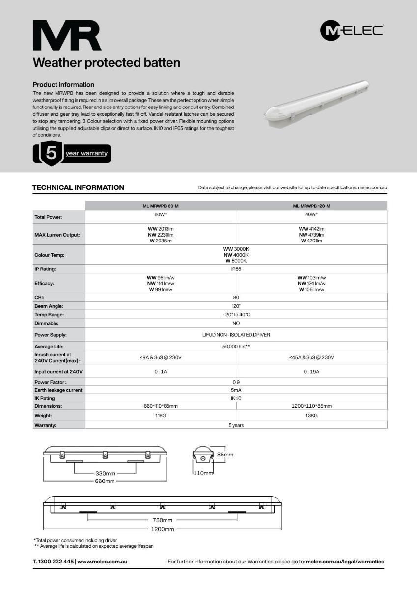 LED W/P BATTEN MR 40W CCT 1200MM