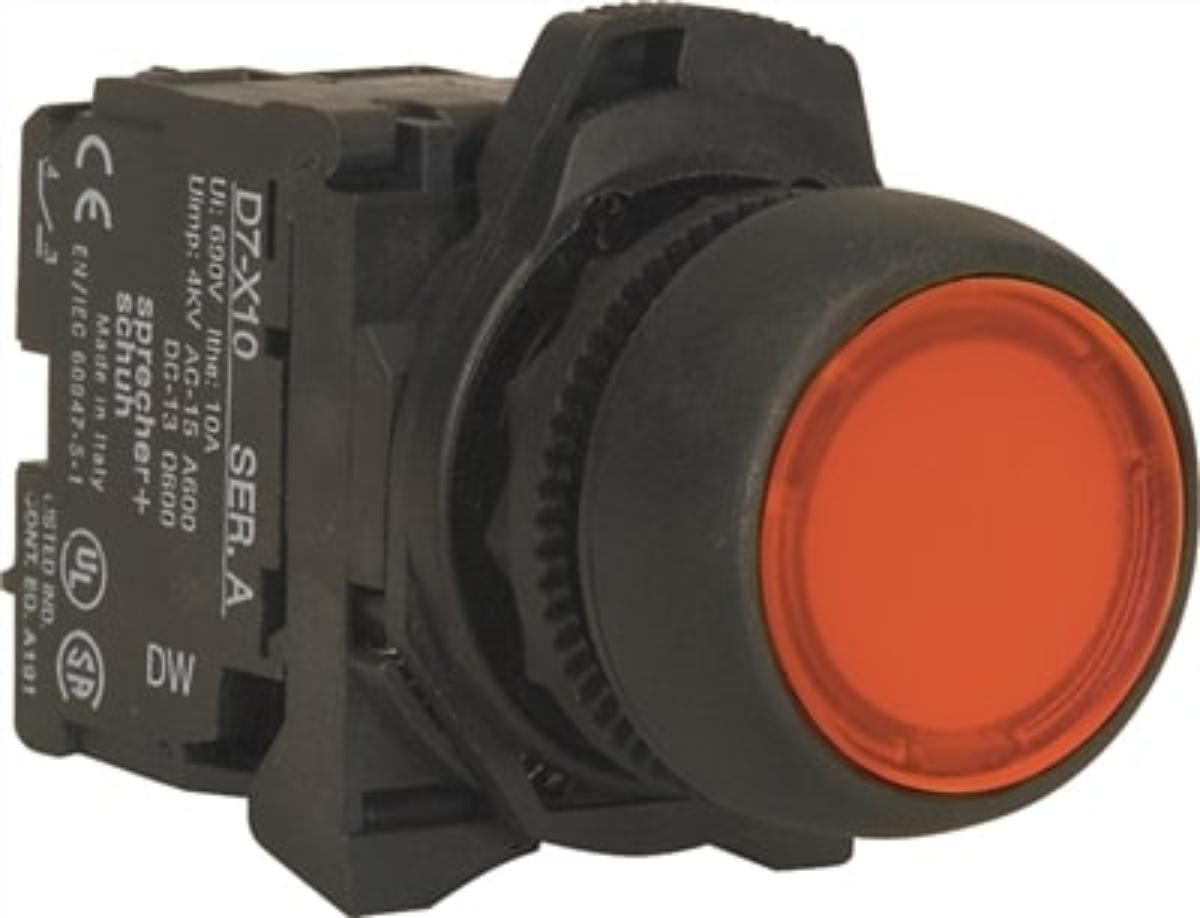 ILLUM P/BUTTON FLUSH RED 240V AC 1N/C