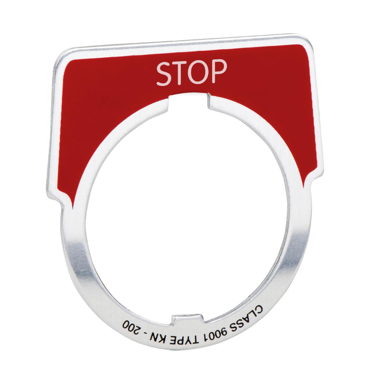 ALUM LEGEND PLATE 30mm STOP RED 40X43mm