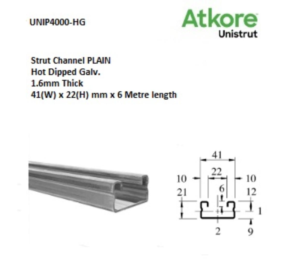 STRUT PLAIN 41X22MM L/DUTY HDG 6M